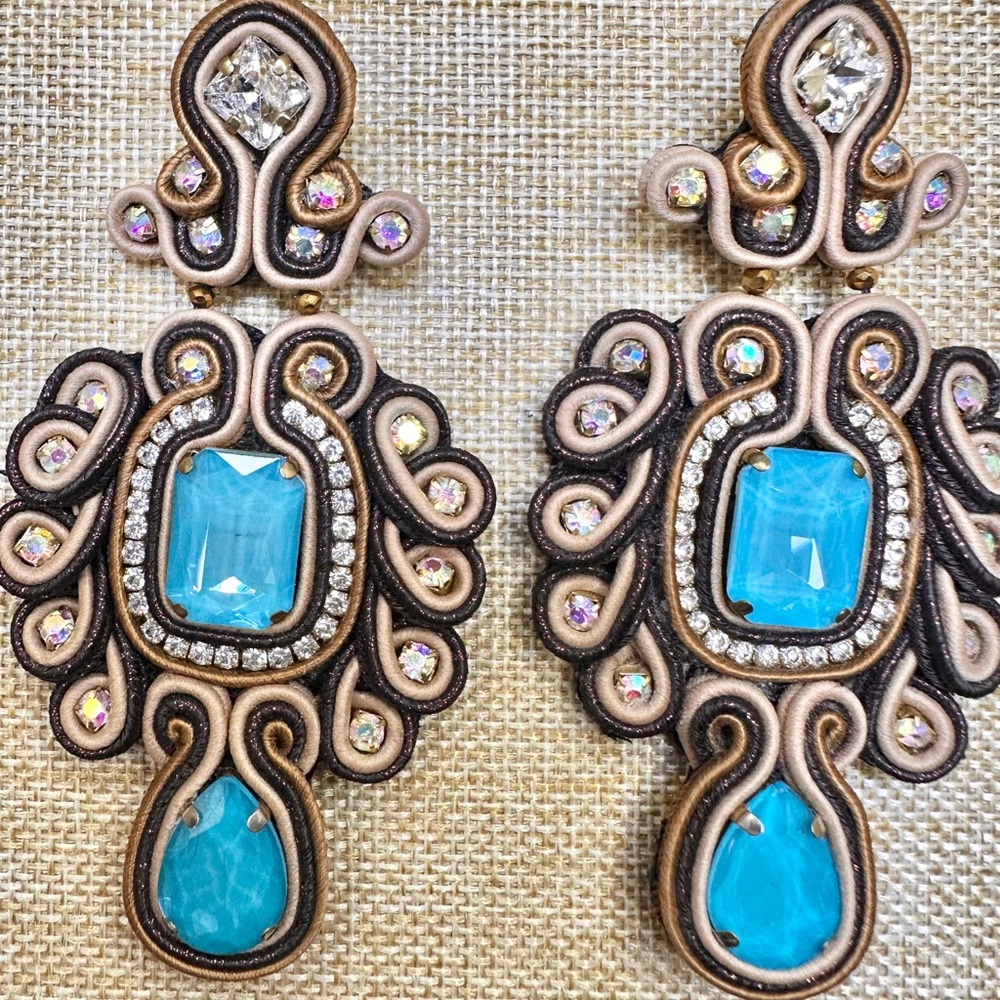 Handcrafted Colombian Soutache earrings w/ turquoise crystals & embroidery